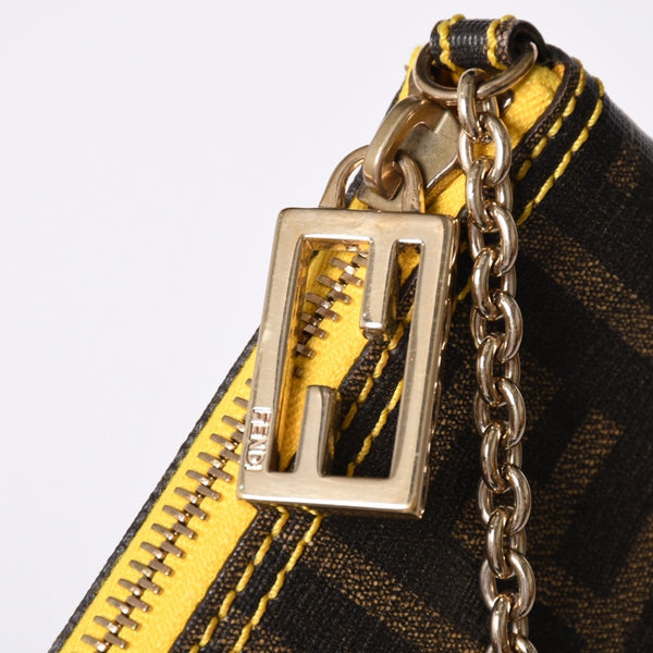 FENDI フェンディ アクセサリーポーチ チェーンポーチ 8BR592 PVC ブラウン イエロー ゴールド金具 美品 中古 4a001153