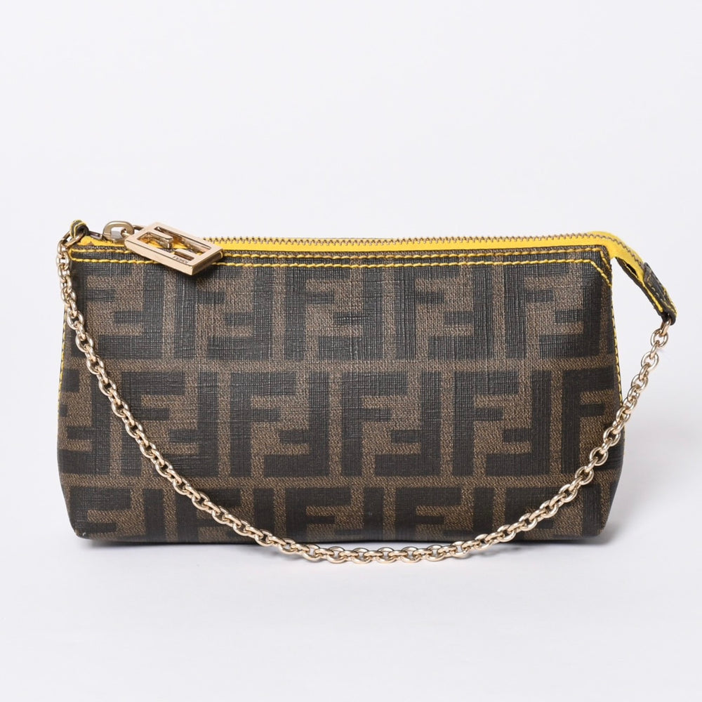 FENDI フェンディ アクセサリーポーチ チェーンポーチ 8BR592 PVC ブラウン イエロー ゴールド金具 美品 中古 4a001153