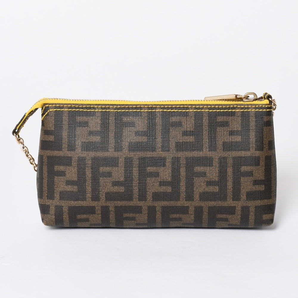 FENDI フェンディ アクセサリーポーチ チェーンポーチ 8BR592 PVC ブラウン イエロー ゴールド金具 美品 中古 4a001153
