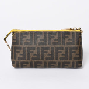 FENDI フェンディ アクセサリーポーチ チェーンポーチ 8BR592 PVC ブラウン イエロー ゴールド金具 美品 中古 4a001153