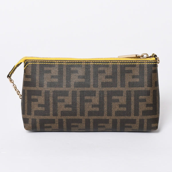 FENDI フェンディ アクセサリーポーチ チェーンポーチ 8BR592 PVC ブラウン イエロー ゴールド金具 美品 中古 4a001153