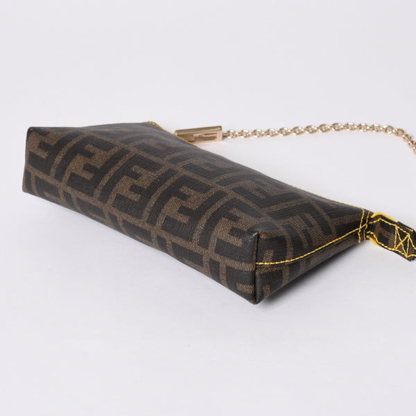 FENDI フェンディ アクセサリーポーチ チェーンポーチ 8BR592 PVC ブラウン イエロー ゴールド金具 美品 中古 4a001153