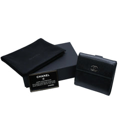 極美品 CHANEL シャネル 三つ折り財布 ココマーク 15番台 カーフスキン ブラック シルバー金具 中古 4a001582