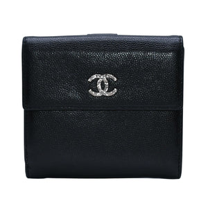 極美品 CHANEL シャネル 三つ折り財布 ココマーク 15番台 カーフスキン ブラック シルバー金具 中古 4a001582