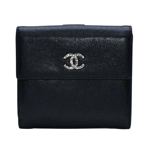 極美品 CHANEL シャネル 三つ折り財布 ココマーク 15番台 カーフスキン ブラック シルバー金具 中古 4a001582