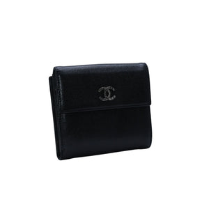 極美品 CHANEL シャネル 三つ折り財布 ココマーク 15番台 カーフスキン ブラック シルバー金具 中古 4a001582