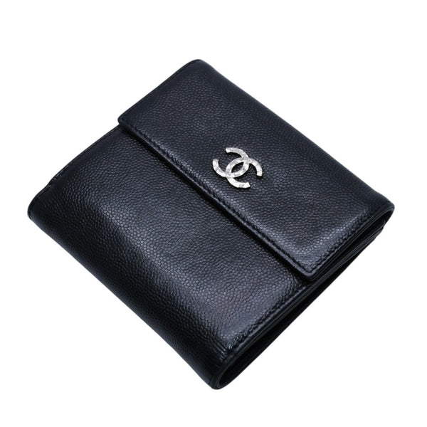 極美品 CHANEL シャネル 三つ折り財布 ココマーク 15番台 カーフスキン ブラック シルバー金具 中古 4a001582