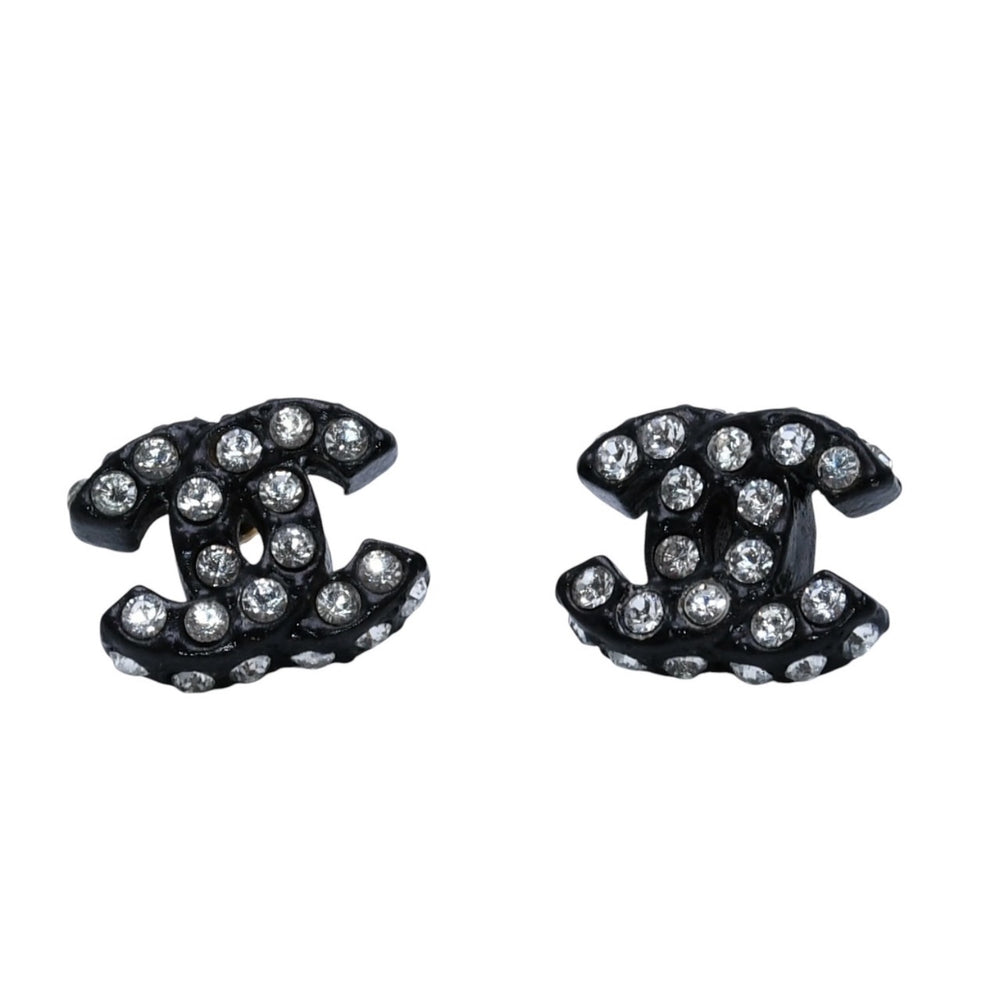 極美品 CHANEL シャネル ココマーク ピアス ブラック 黒 02A刻印 樹脂 ラインストーン 美品 中古 4a000642