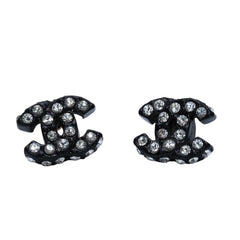 Very Good Condition CHANEL Coco Mark Earrings Black 02A Engraved Resin Rhinestone Good Condition Used 4a000642