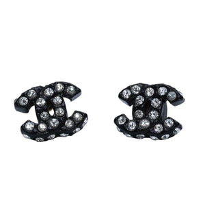 Very Good Condition CHANEL Coco Mark Earrings Black 02A Engraved Resin Rhinestone Good Condition Used 4a000642