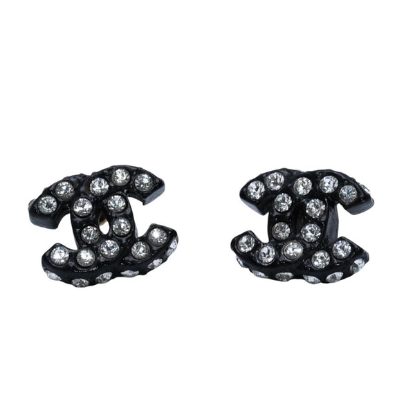 Very Good Condition CHANEL Coco Mark Earrings Black 02A Engraved Resin Rhinestone Good Condition Used 4a000642