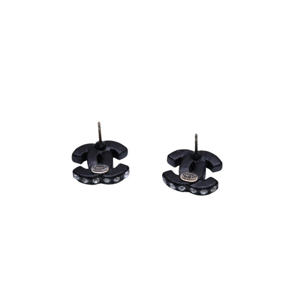 Very Good Condition CHANEL Coco Mark Earrings Black 02A Engraved Resin Rhinestone Good Condition Used 4a000642