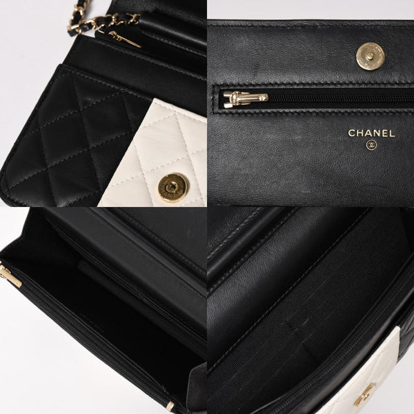 極美品 CHANEL シャネル チェーンウォレット ショルダーバッグ ランダム番台 ココマーク ラムスキン キルティング ブラック ホワイト 中古 4a002839