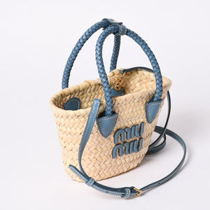 Very Good Condition MIU MIU Basket Bag Raffia Mini Basket Bag 2WAY Beige Turquoise Blue 5BA282 Used 4a001712