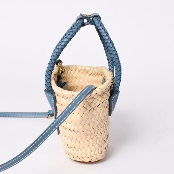 Very Good Condition MIU MIU Basket Bag Raffia Mini Basket Bag 2WAY Beige Turquoise Blue 5BA282 Used 4a001712