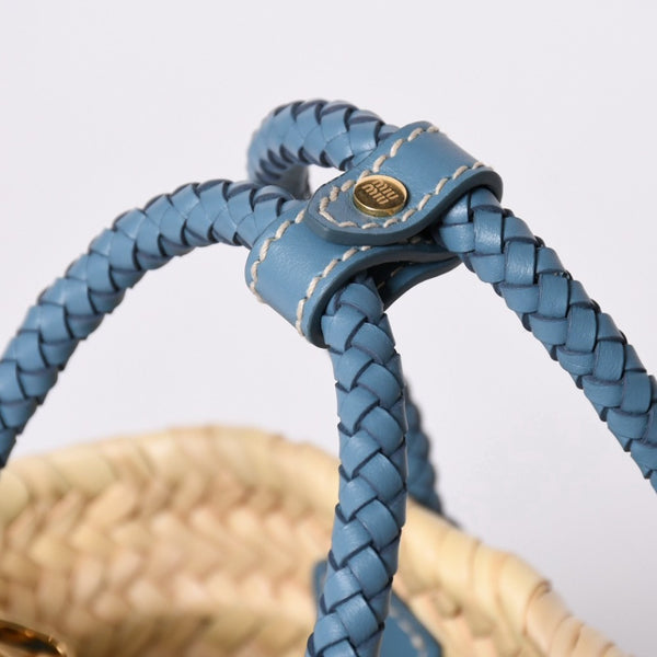 Very Good Condition MIU MIU Basket Bag Raffia Mini Basket Bag 2WAY Beige Turquoise Blue 5BA282 Used 4a001712