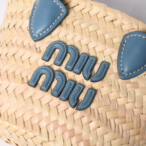 Very Good Condition MIU MIU Basket Bag Raffia Mini Basket Bag 2WAY Beige Turquoise Blue 5BA282 Used 4a001712