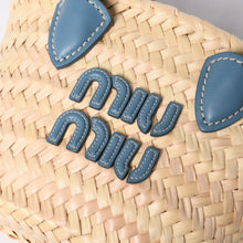 画像をギャラリービューアに読み込む, 極美品 MIU MIU ミュウ ミュウ 籠バッグ ラフィア ミニかごバッグ 2WAY ベージュ ターコイズブルー 5BA282 中古 4a001712