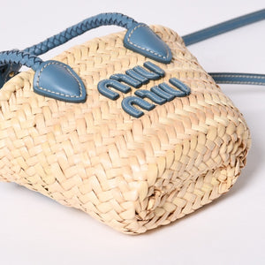 Very Good Condition MIU MIU Basket Bag Raffia Mini Basket Bag 2WAY Beige Turquoise Blue 5BA282 Used 4a001712