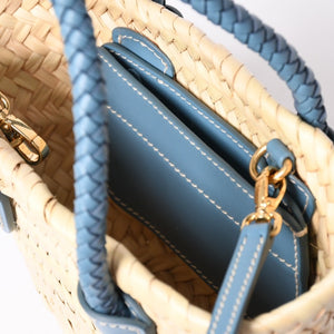 Very Good Condition MIU MIU Basket Bag Raffia Mini Basket Bag 2WAY Beige Turquoise Blue 5BA282 Used 4a001712