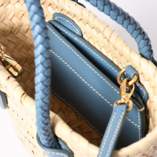 Very Good Condition MIU MIU Basket Bag Raffia Mini Basket Bag 2WAY Beige Turquoise Blue 5BA282 Used 4a001712