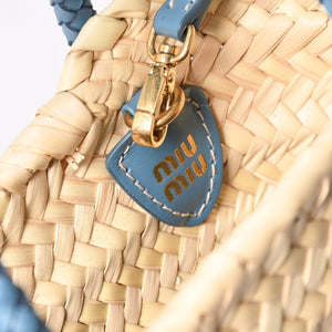 Very Good Condition MIU MIU Basket Bag Raffia Mini Basket Bag 2WAY Beige Turquoise Blue 5BA282 Used 4a001712