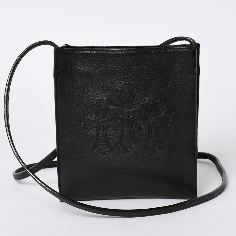 極美品 CHROME HEARTS クロムハーツ スクエアポケット 3セメタリークロスパッチ ショルダーバッグ ブラック シルバー金具 中古 4a001763