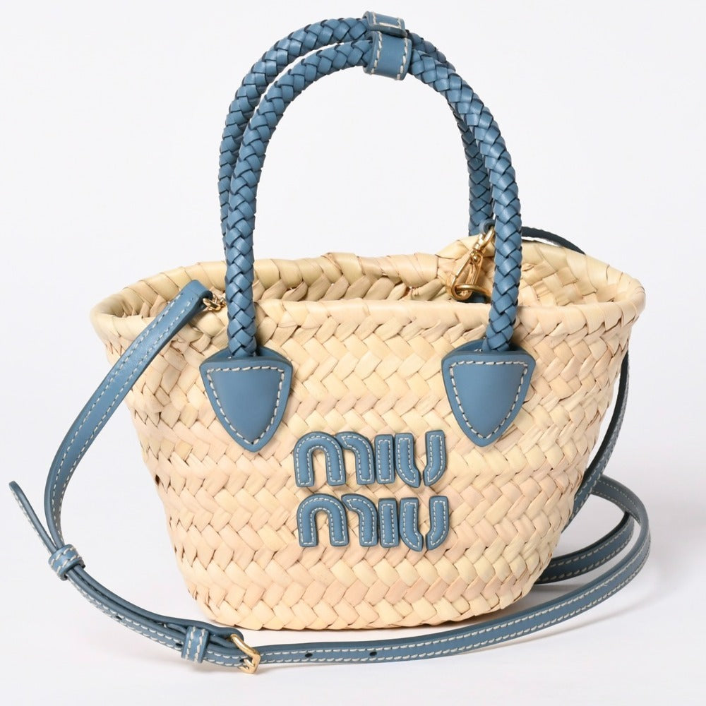 Very Good Condition MIU MIU Basket Bag Raffia Mini Basket Bag 2WAY Beige Turquoise Blue 5BA282 Used 4a001712