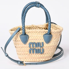 Very Good Condition MIU MIU Basket Bag Raffia Mini Basket Bag 2WAY Beige Turquoise Blue 5BA282 Used 4a001712