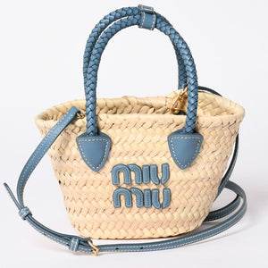 Very Good Condition MIU MIU Basket Bag Raffia Mini Basket Bag 2WAY Beige Turquoise Blue 5BA282 Used 4a001712