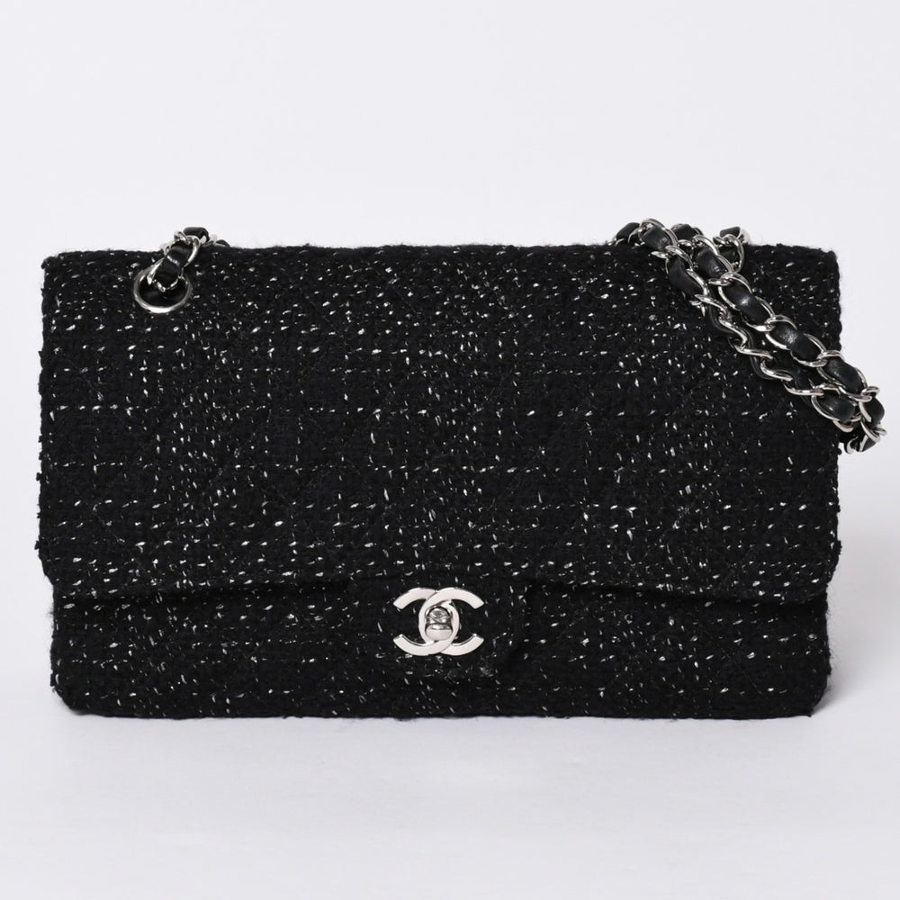 CHANEL Chanel Matelasse 25 W Flap W Chain Shoulder Bag No. 10 Coco Mark Tweed Leather Black Good Condition Used 4a001623