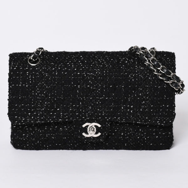 CHANEL Chanel Matelasse 25 W Flap W Chain Shoulder Bag No. 10 Coco Mark Tweed Leather Black Good Condition Used 4a001623