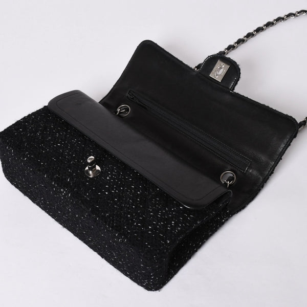 CHANEL Chanel Matelasse 25 W Flap W Chain Shoulder Bag No. 10 Coco Mark Tweed Leather Black Good Condition Used 4a001623
