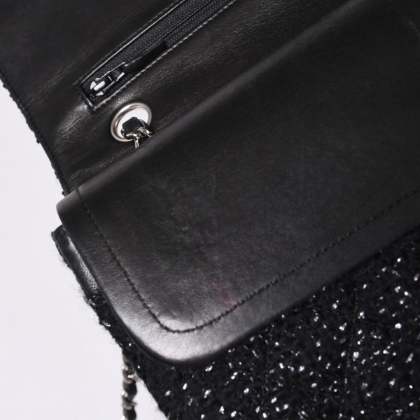 CHANEL Chanel Matelasse 25 W Flap W Chain Shoulder Bag No. 10 Coco Mark Tweed Leather Black Good Condition Used 4a001623