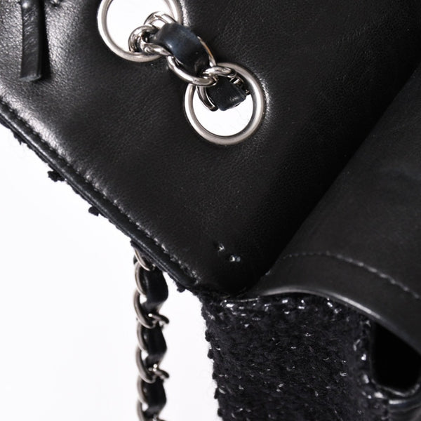 CHANEL Chanel Matelasse 25 W Flap W Chain Shoulder Bag No. 10 Coco Mark Tweed Leather Black Good Condition Used 4a001623