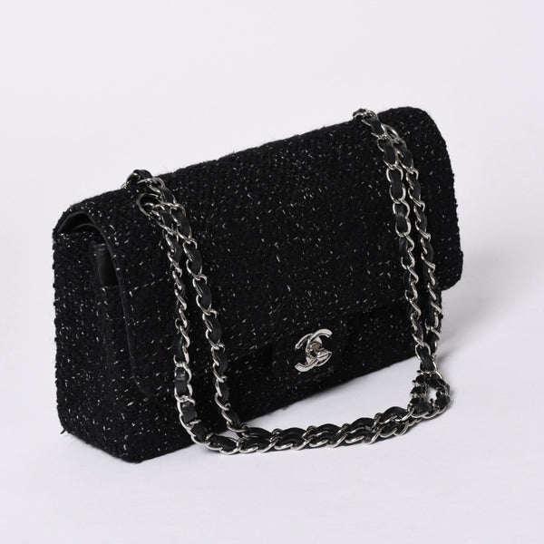 CHANEL Chanel Matelasse 25 W Flap W Chain Shoulder Bag No. 10 Coco Mark Tweed Leather Black Good Condition Used 4a001623