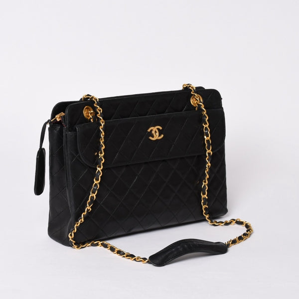 CHANEL Chain Tote Bag No. 1 Coco Mark Lambskin Quilted Black Gold Hardware Good Condition Used 4a001635