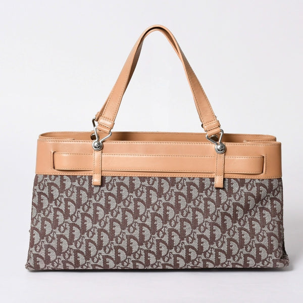 Very Good Condition Christian Dior Trotter Handbag Brown Canvas Leather Silver Hardware Used 4a001599