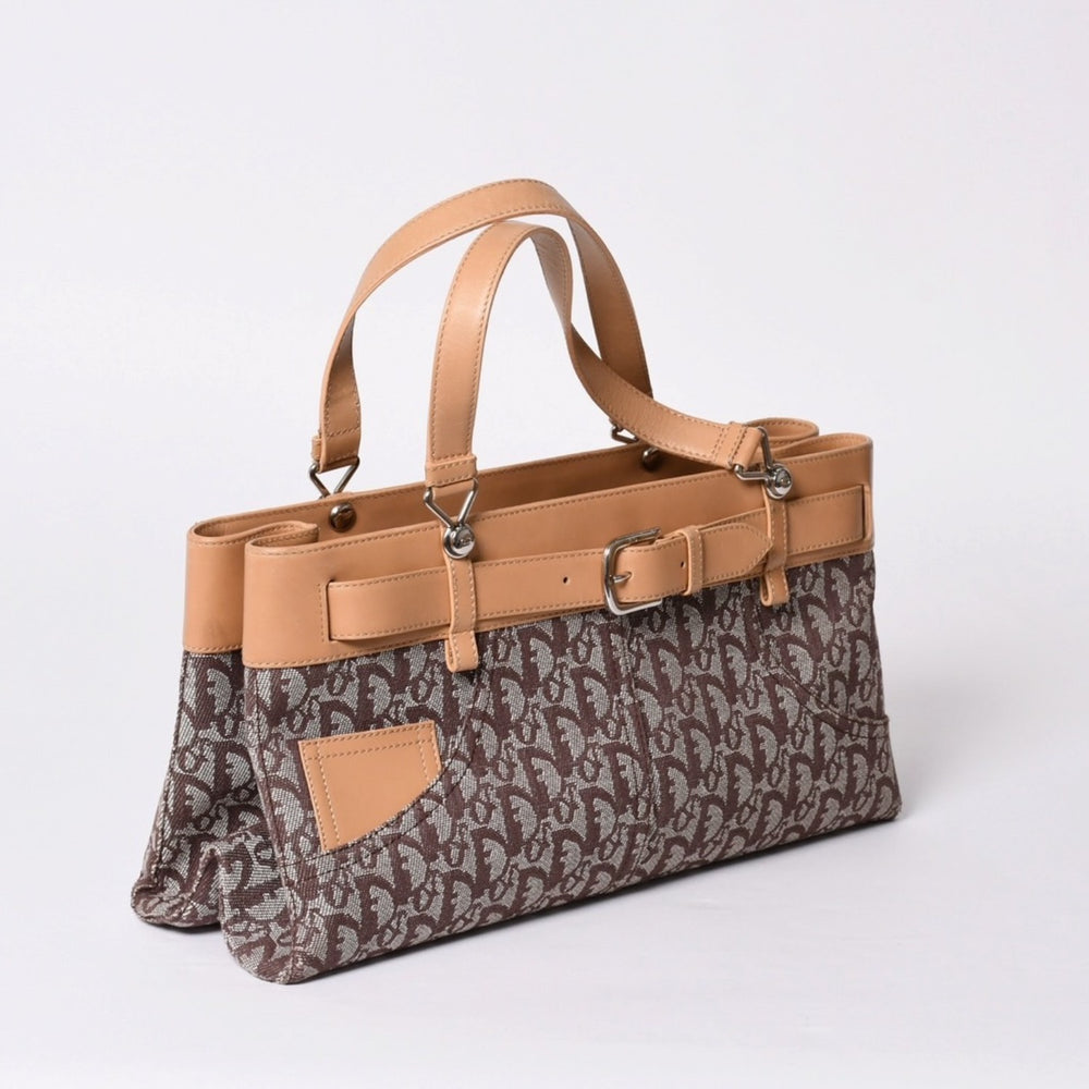 極美品 Christian Dior クリスチャンディオール トロッター ハンドバッグ ブラウン キャンバス レザー シルバー金具 中古 4a001599