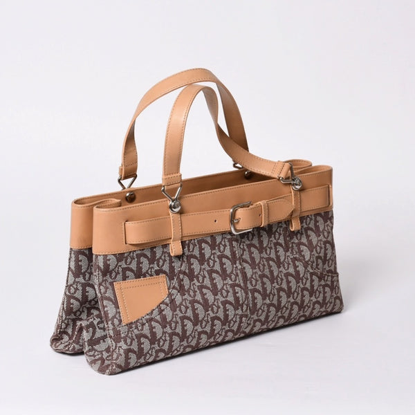 Very Good Condition Christian Dior Trotter Handbag Brown Canvas Leather Silver Hardware Used 4a001599