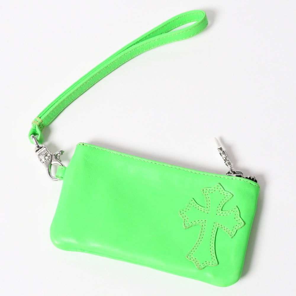 CHROME HEARTS Zipper Change Purse Neon Green Leather Silver 925 Dagger Scroll Label Cross Patch Good Condition Used 4a004011