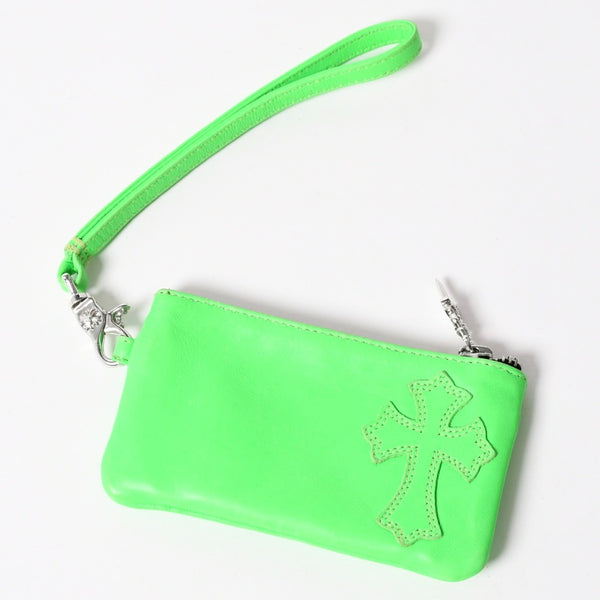 CHROME HEARTS クロムハーツ ジッパーチェンジパース ネオングリーン レザー シルバー925 ダガー スクロールラベル クロスパッチ 美品 中古 4a004011