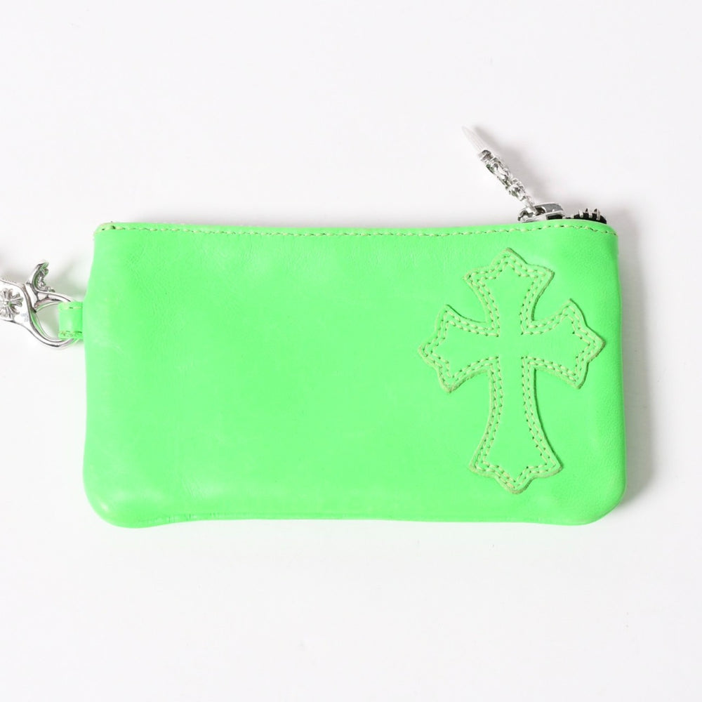 CHROME HEARTS Zipper Change Purse Neon Green Leather Silver 925 Dagger Scroll Label Cross Patch Good Condition Used 4a004011