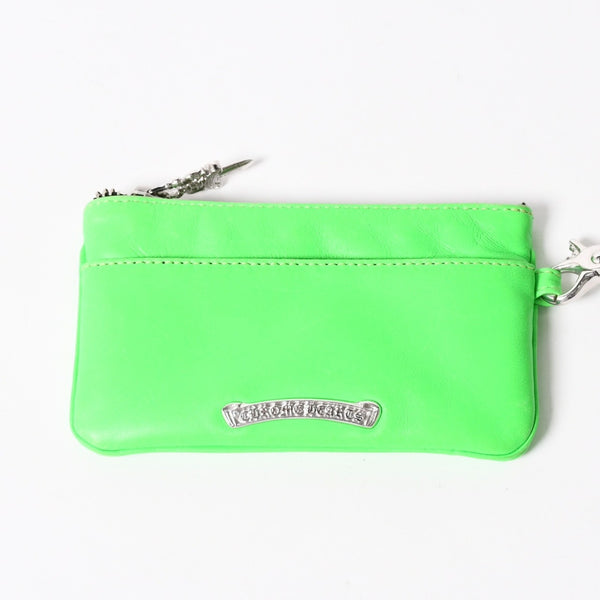 CHROME HEARTS クロムハーツ ジッパーチェンジパース ネオングリーン レザー シルバー925 ダガー スクロールラベル クロスパッチ 美品 中古 4a004011