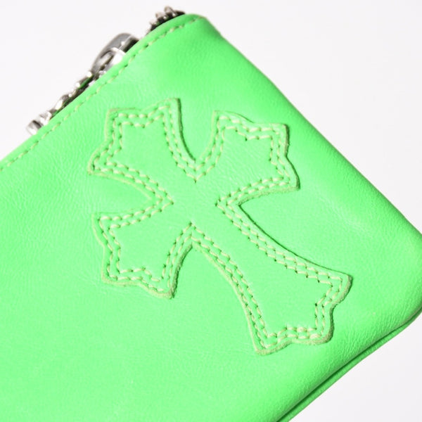 CHROME HEARTS クロムハーツ ジッパーチェンジパース ネオングリーン レザー シルバー925 ダガー スクロールラベル クロスパッチ 美品 中古 4a004011