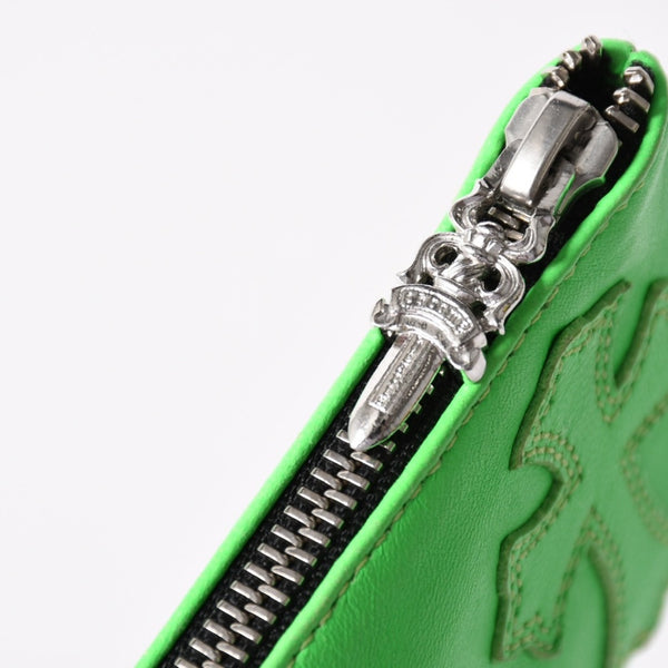 CHROME HEARTS クロムハーツ ジッパーチェンジパース ネオングリーン レザー シルバー925 ダガー スクロールラベル クロスパッチ 美品 中古 4a004011