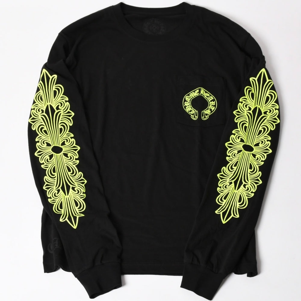 New and unused CHROME HEARTS Long Sleeve T-shirt Size L Floral Cross Horseshoe Black Lime Green New Used 4a004018