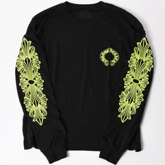 新品未使用 CHROME HEARTS クロムハーツ 長袖Tシャツ サイズL フローラルクロス ホースシュー ブラック ライムグリーン 新型 中古 4a004018