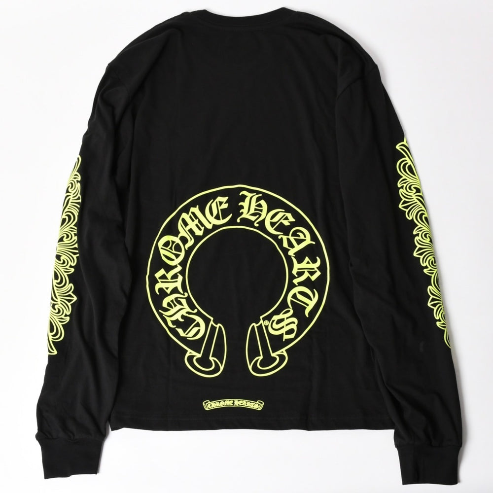 New and unused CHROME HEARTS Long Sleeve T-shirt Size L Floral Cross Horseshoe Black Lime Green New Used 4a004018
