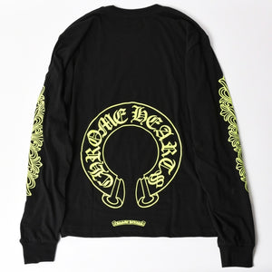 新品未使用 CHROME HEARTS クロムハーツ 長袖Tシャツ サイズL フローラルクロス ホースシュー ブラック ライムグリーン 新型 中古 4a004018